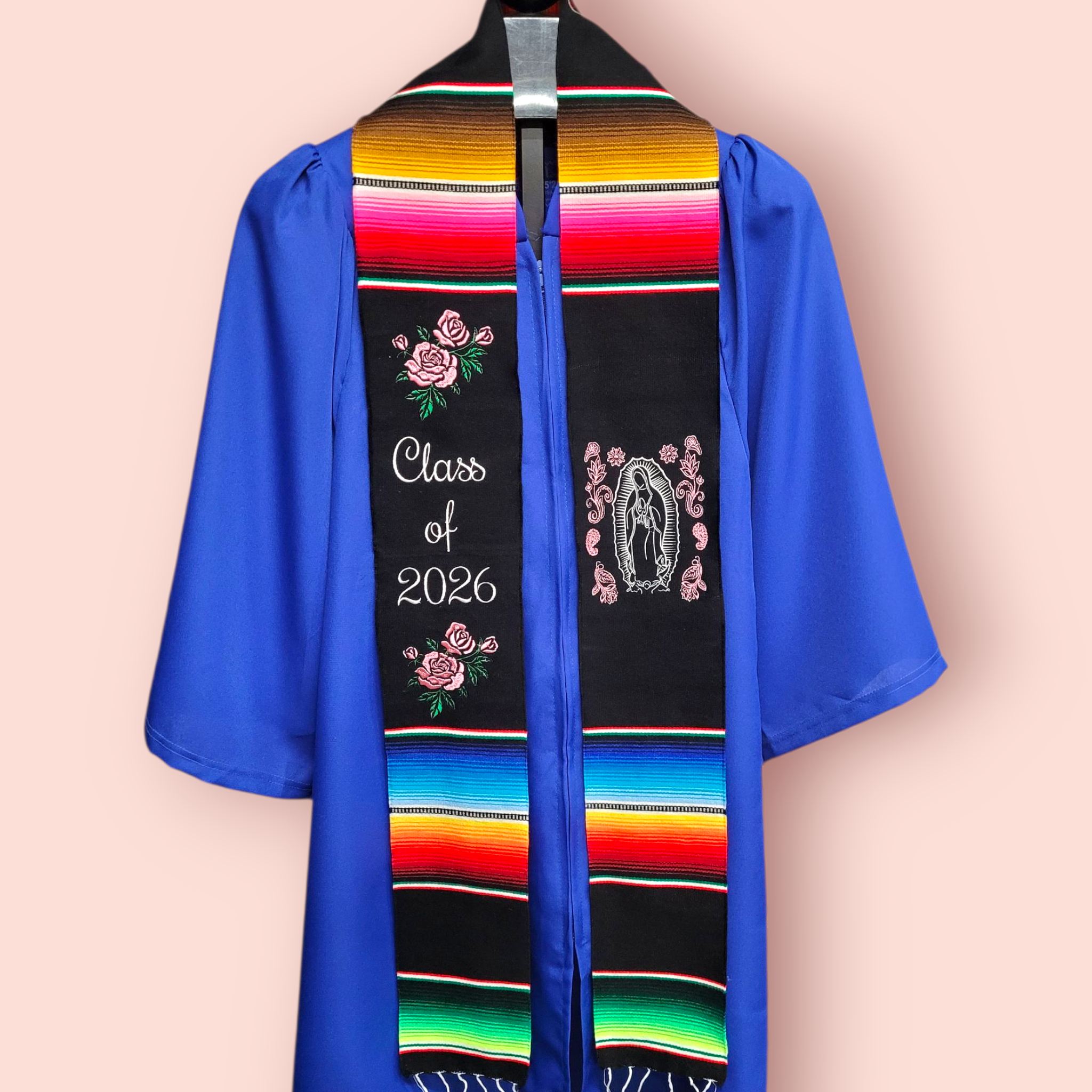Class of 2026 Virgen de Guadalupe/Pink Rose Embroidered Mexican Sarape Graduation Stole