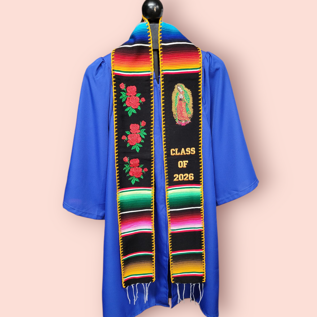Class of 2026 Virgen de Guadalupe/Roses Embroidered Mexican Sarape Graduation Stole Golden edge