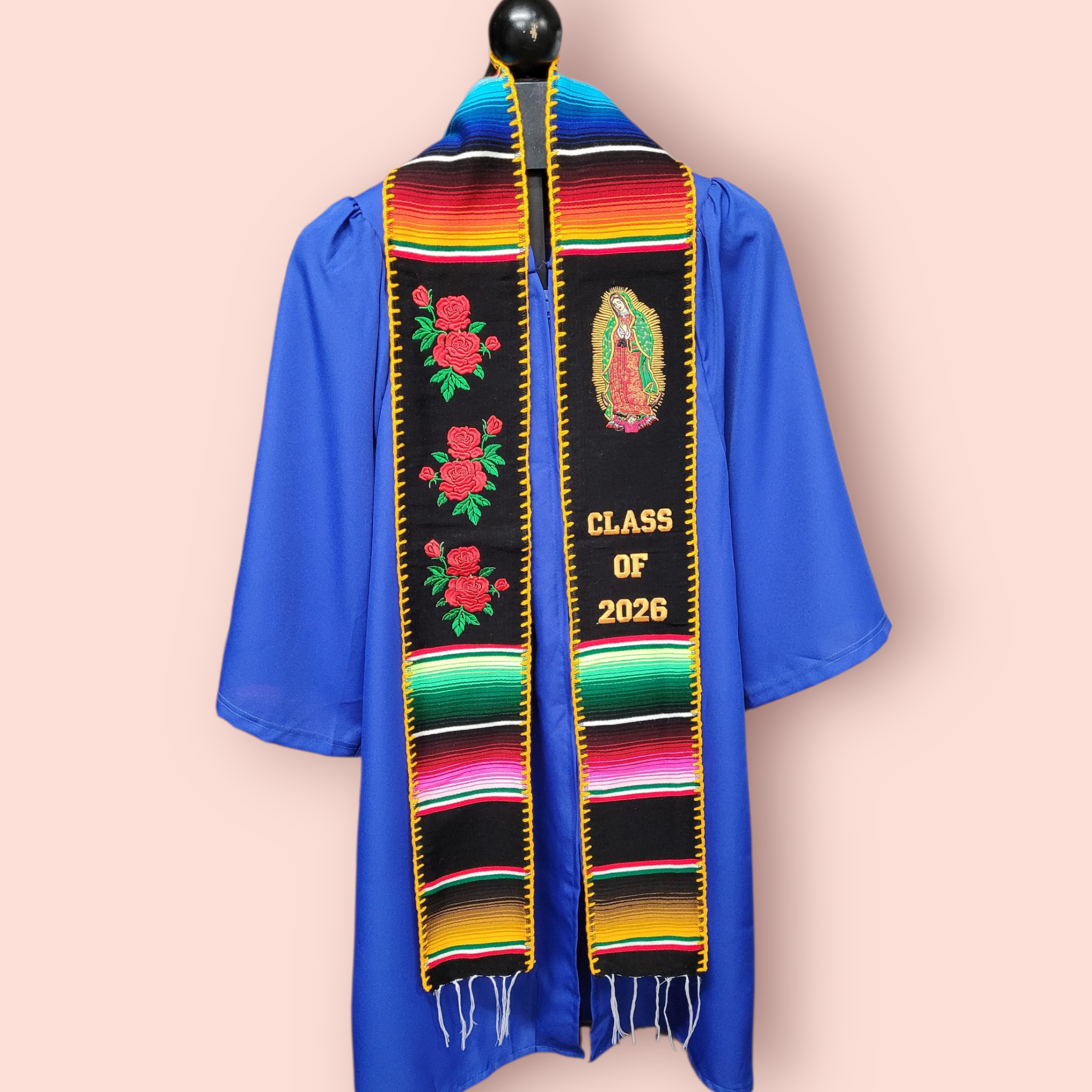 Class of 2026 Virgen de Guadalupe/Roses Embroidered Mexican Sarape Graduation Stole Golden edge