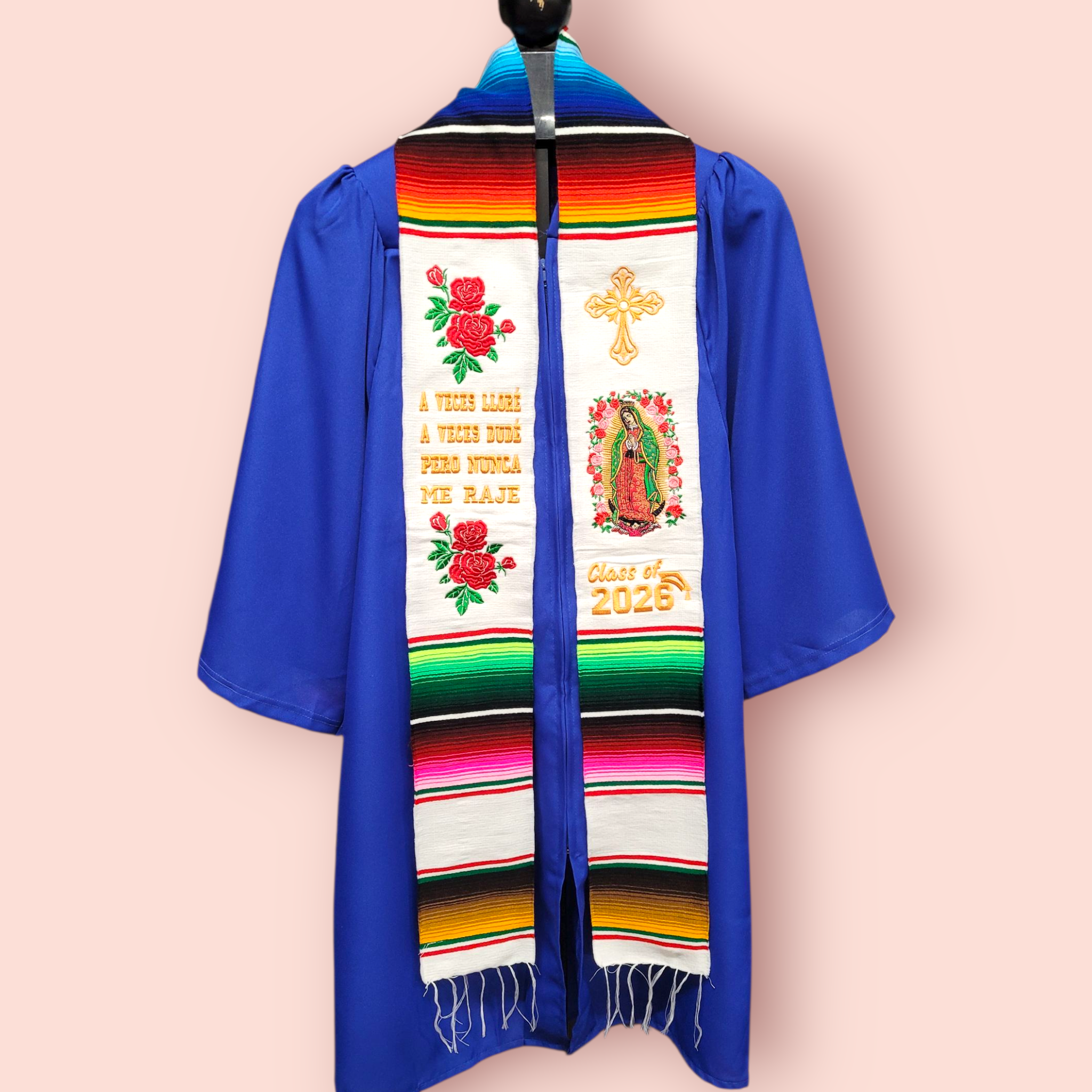 Class of 2026 Virgen/Cross/Roses Embroidered Mexican Sarape Graduation Stole