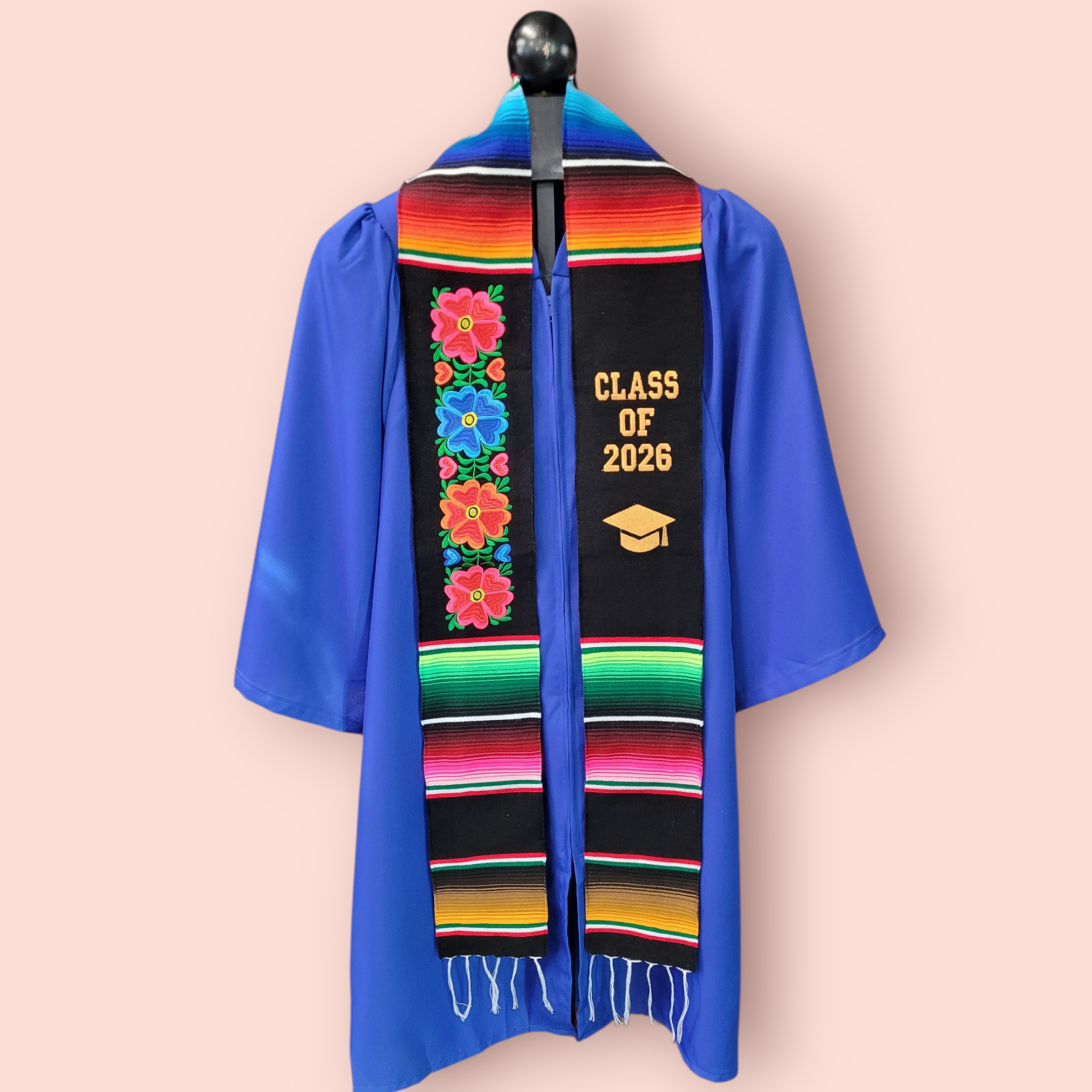 Class of 2026 Colorful Floral Design Embroidered Mexican Sarape Graduation Stole