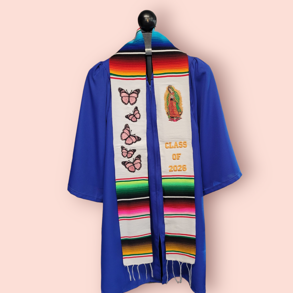 Class of 2026 Virgen de Guadalupe/Butterflies Embroidered Mexican Sarape Graduation Stole