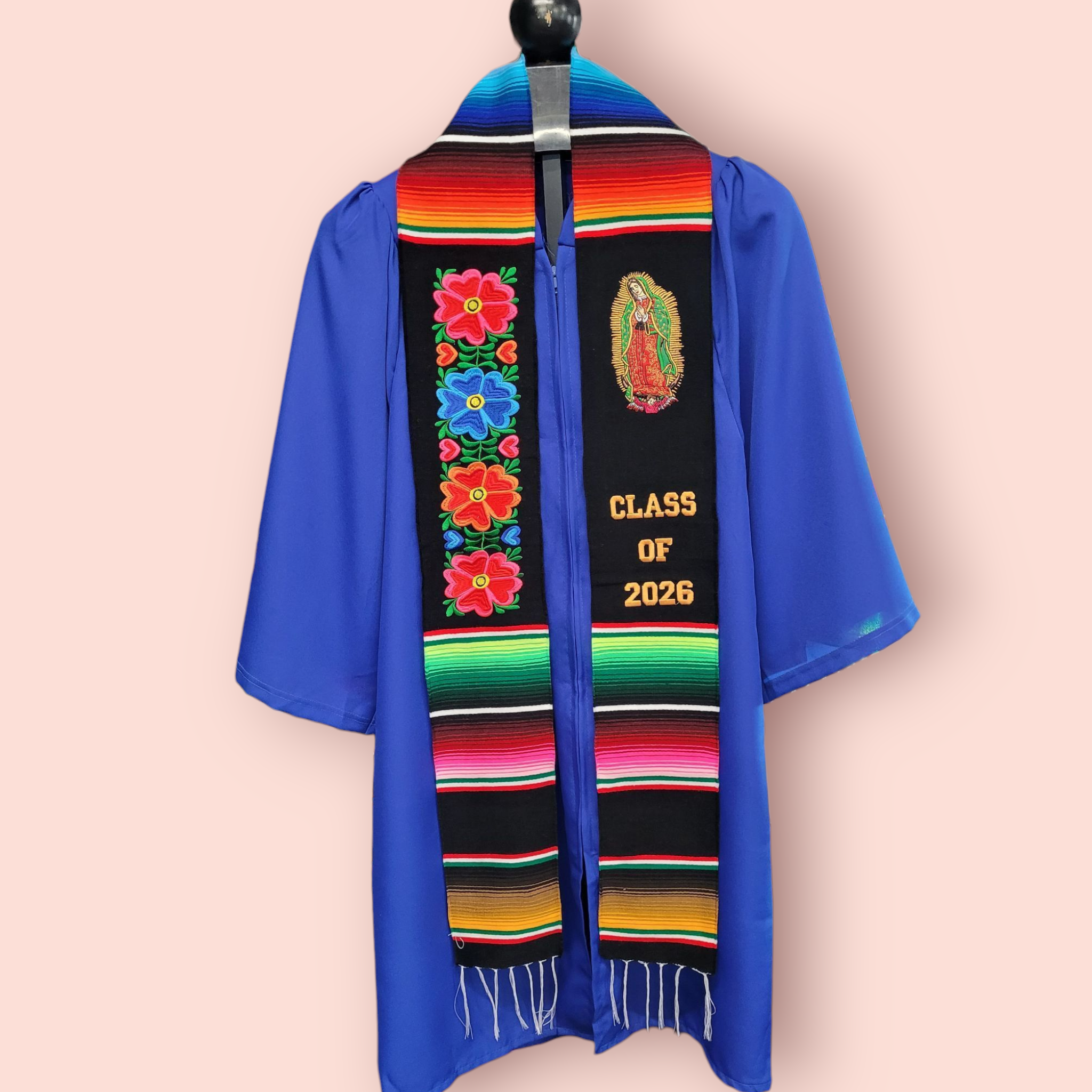 Class of 2026 Virgen/Colorful Floral Design Embroidered Mexican Sarape Graduation Stole