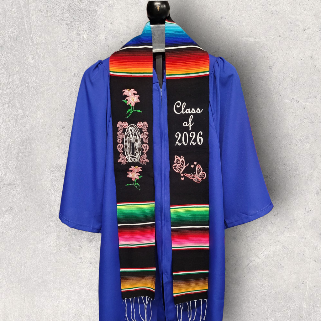 Class of 2026 Virgen de Guadalupe/Pink Lilies and butterflies Embroidered Mexican Sarape Graduation Stole