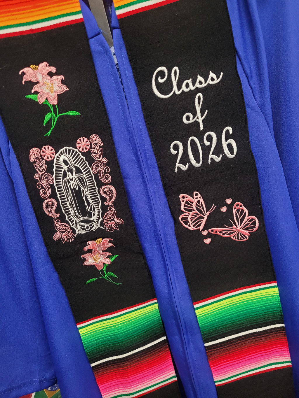 Class of 2026 Virgen de Guadalupe/Pink Lilies and butterflies Embroidered Mexican Sarape Graduation Stole