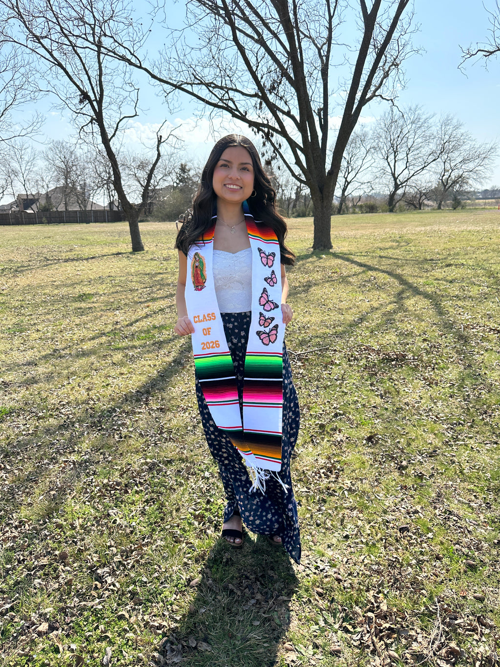 Class of 2026 Virgen de Guadalupe/Butterflies Embroidered Mexican Sarape Graduation Stole