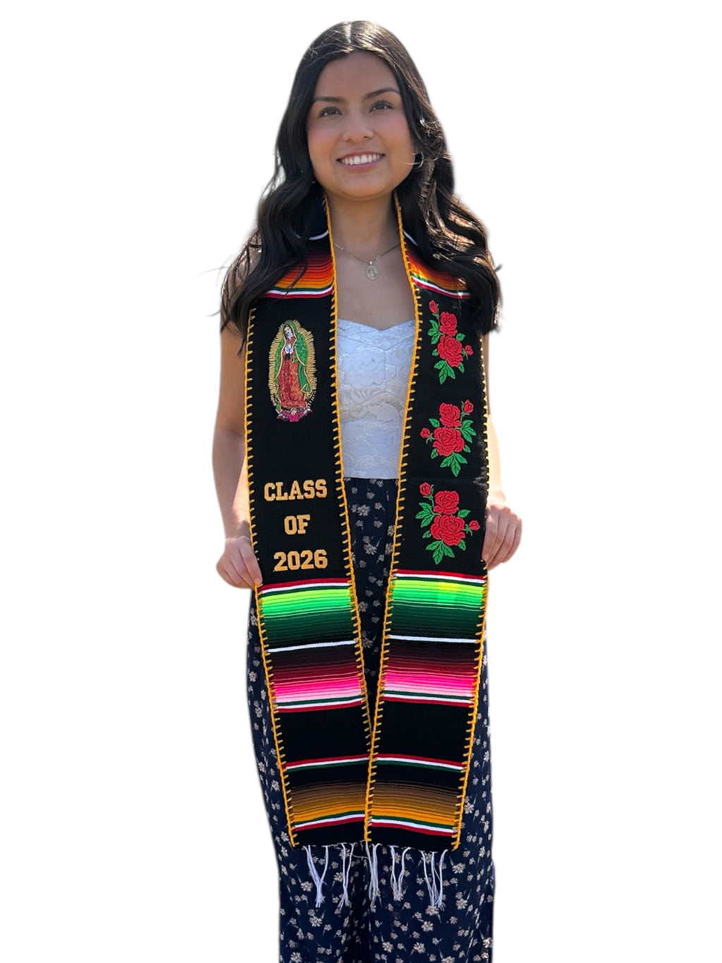 Class of 2026 Virgen de Guadalupe/Roses Embroidered Mexican Sarape Graduation Stole Golden edge