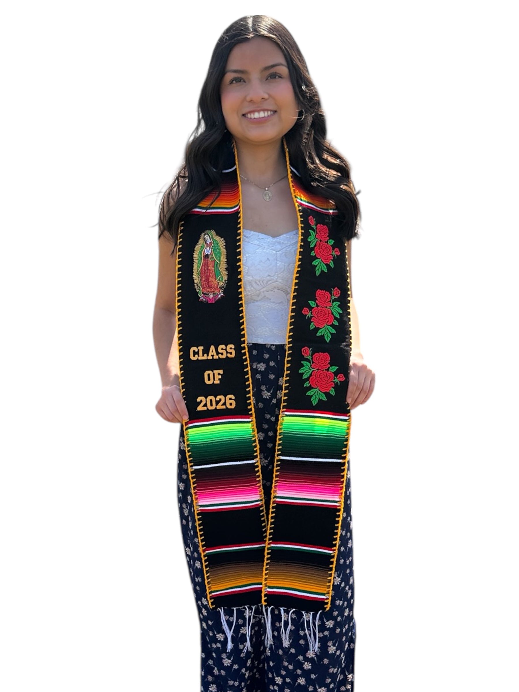 Class of 2026 Virgen de Guadalupe/Roses Embroidered Mexican Sarape Graduation Stole Golden edge