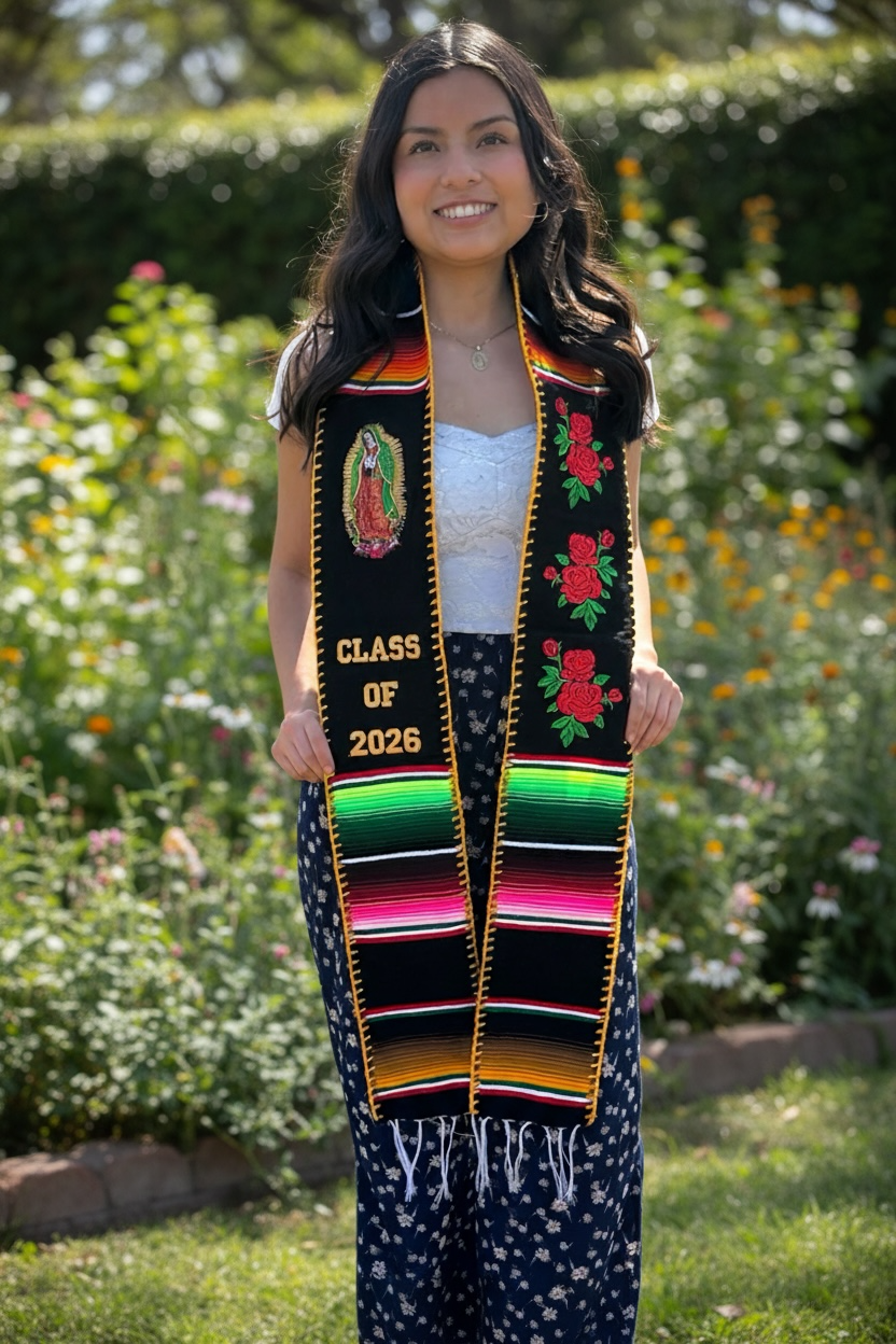 Class of 2026 Virgen de Guadalupe/Roses Embroidered Mexican Sarape Graduation Stole Golden edge
